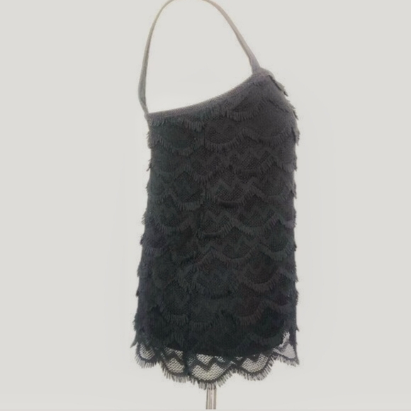 Ann Taylor Black Top Eyelash Fringe Lace Scalloped Crochet Tiered Sleeveless - Picture 5 of 8